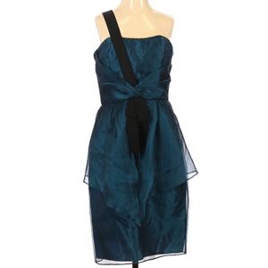 Badgley Mischka Teal Dress Silk Chiffon One Shoulder Cocktail Party Dress